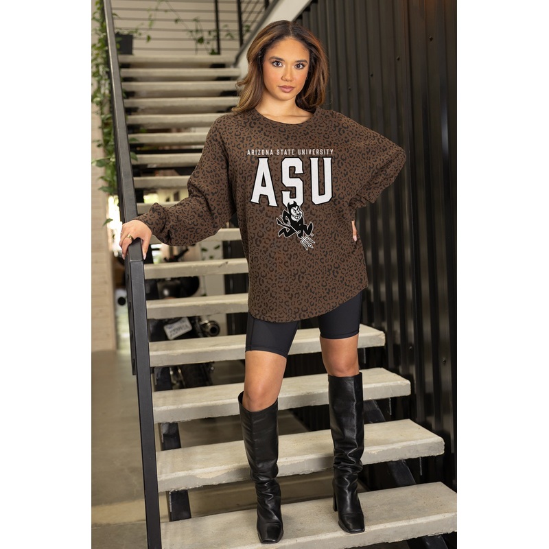 ARIZONA STATE SUN DEVILS VITAL STYLE VINTAGE WASH CORDED PULLOVER IN BROWN LEOPARD