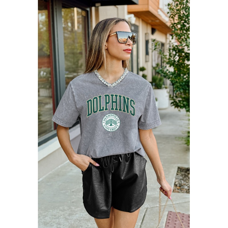 JACKSONVILLE DOLPHINS ICONIC EDGE RHINESTONE TRIM V-NECK TEE