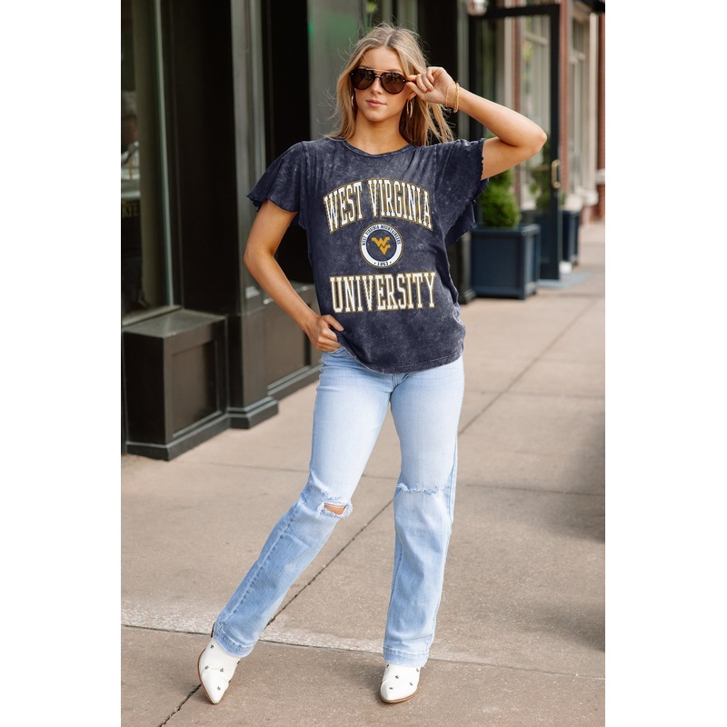 WEST VIRGINIA MOUNTAINEERS VICTORY MODE FLUTTER SLEEVE TEE IN NAVY