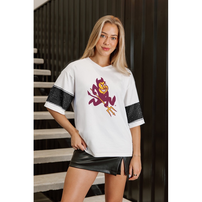 ARIZONA STATE SUN DEVILS DOMINANCE RHINESTONE STRIPE VARSITY TEE