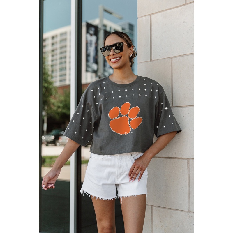 CLEMSON TIGERS Making Moves Rhinestone Crop Tee With Yoke