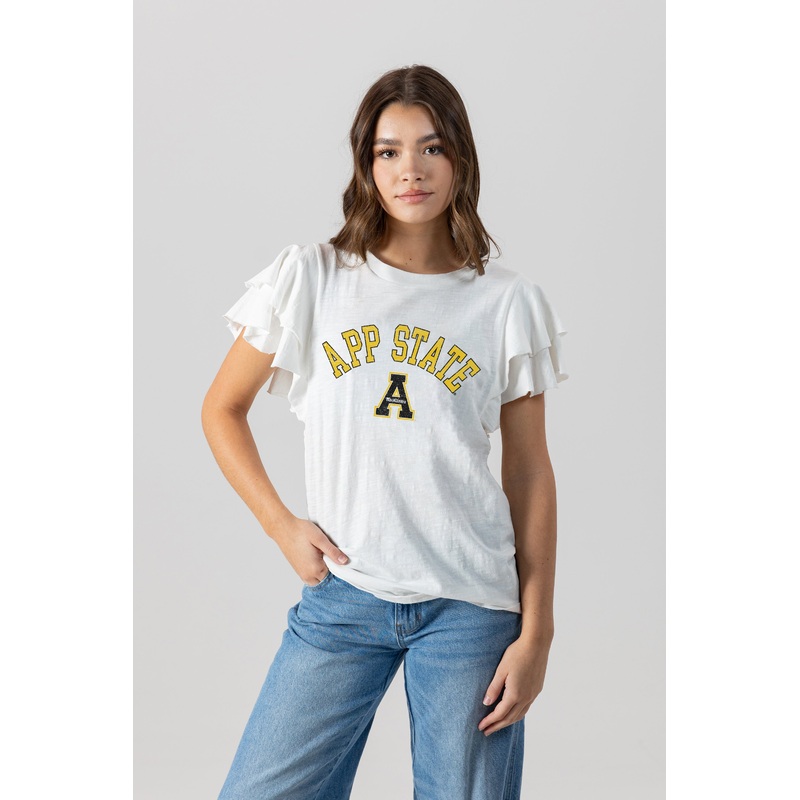 APPALACHIAN STATE MOUNTAINEERS ALL IN TO WIN FLUTTER SLEEVE CREWNECK TOP
