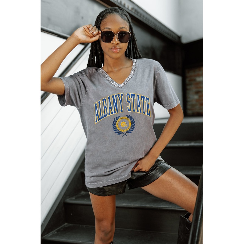ALBANY STATE GOLDEN RAMS ICONIC EDGE RHINESTONE TRIM V-NECK TEE
