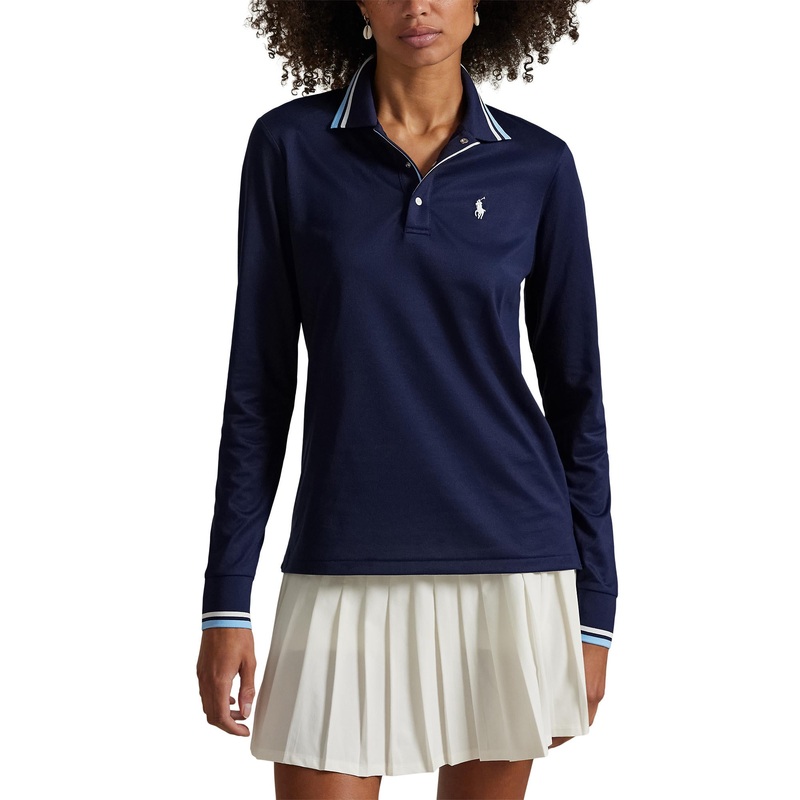 RLX Ralph Lauren Women’s Tour Pique Long Sleeve Polo Shirt – Refined Navy/Sutton Blue/Ceramic White