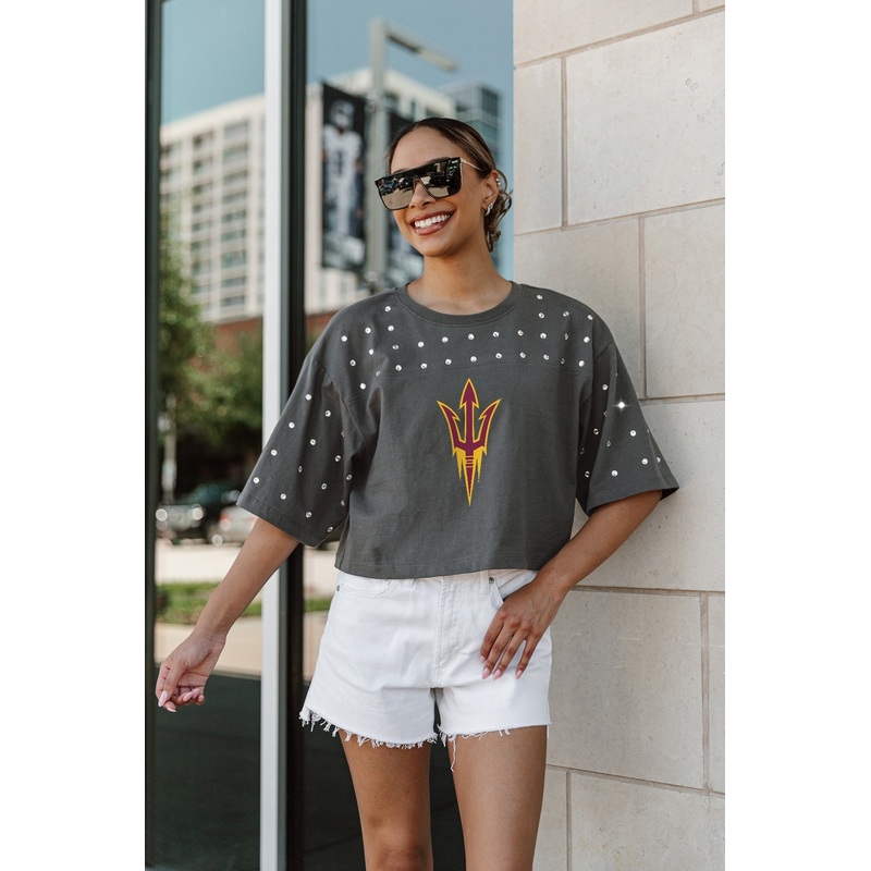 ARIZONA STATE SUN DEVILS MAKING MOVES ALL-OVER RHINESTONE CROPPED TEE WITH YOKE