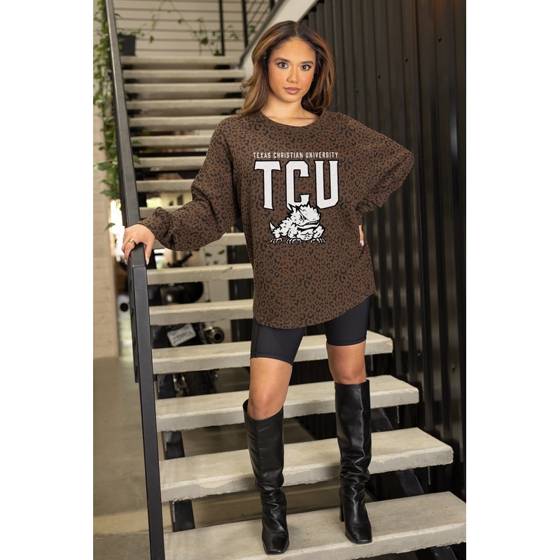 TCU HORNED FROGS VITAL STYLE VINTAGE WASH CORDED PULLOVER IN BROWN LEOPARD
