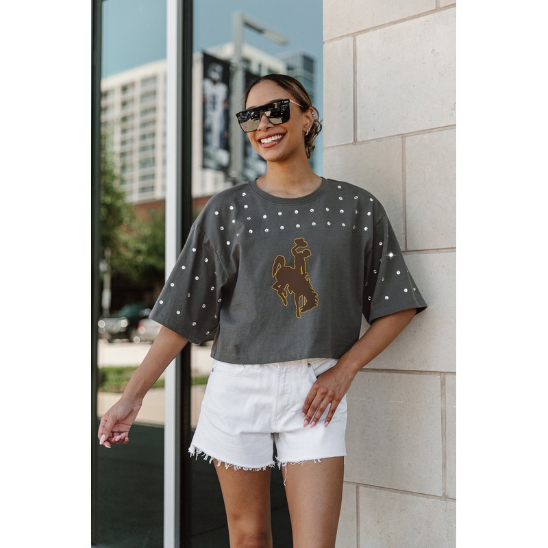 WYOMING COWBOYS Making Moves Rhinestone Crop Tee With Yoke