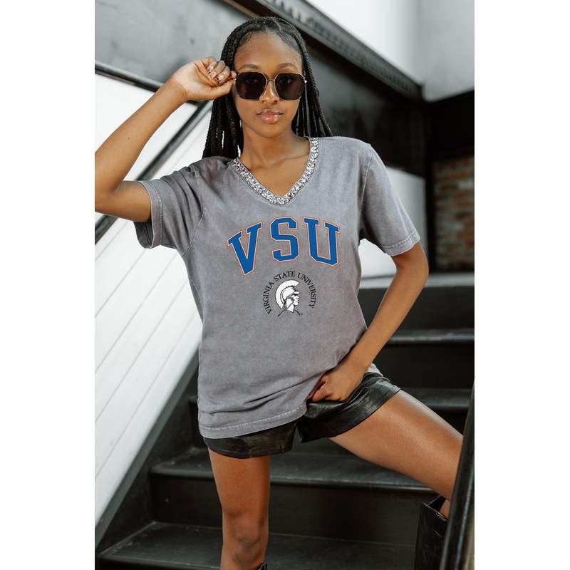 VIRGINIA STATE TROJANS ICONIC EDGE RHINESTONE TRIM V-NECK TEE