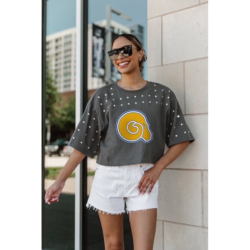 ALBANY STATE GOLDEN RAMS MAKING MOVES ALL-OVER RHINESTONE CROPPED TEE WITH YOKE
