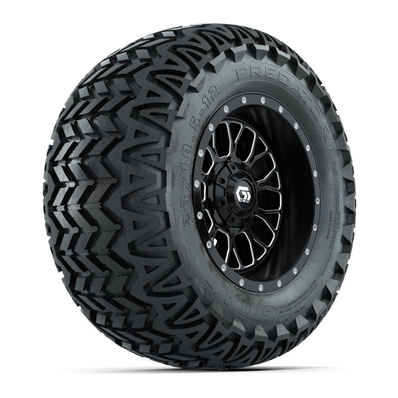 Set of (4) 12 in GTW Helix Machined & Black Wheels with 23×10.5-12 Predator All-Terrain Tires PN# A19-822