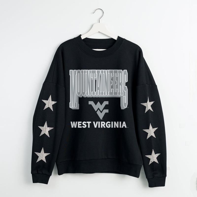 WEST VIRGINIA MOUNTAINEERS PURE VICTORY EMBELLISHED STAR SLEEVE CREWNECK PULLOVER