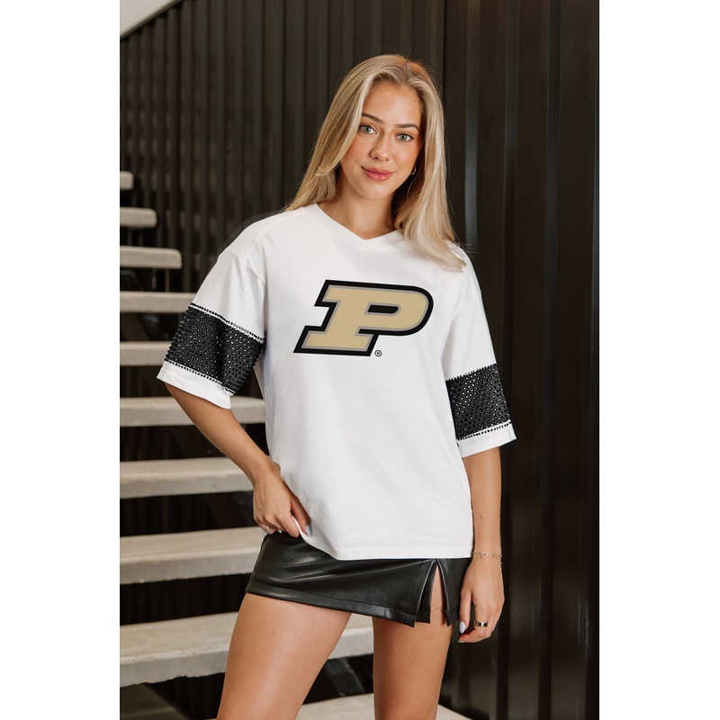PURDUE BOILERMAKERS DOMINANCE RHINESTONE STRIPE VARSITY TEE