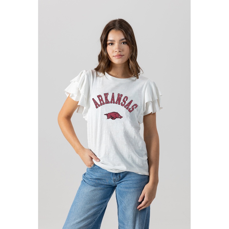 ARKANSAS RAZORBACKS ALL IN TO WIN FLUTTER SLEEVE CREWNECK TOP