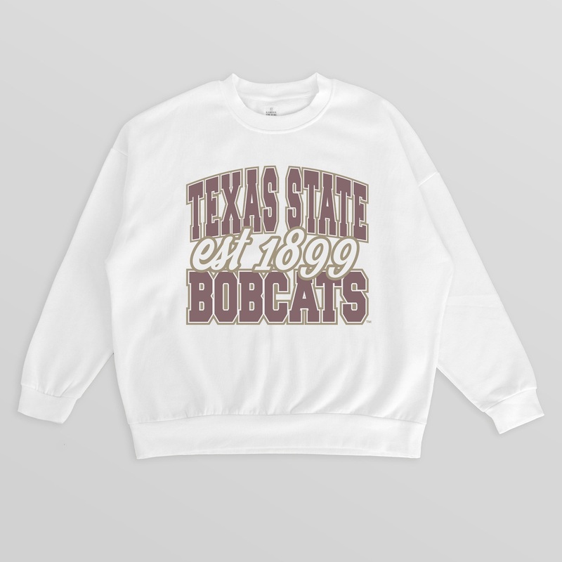 TEXAS STATE BOBCATS FADED FORMATION PREMIUM FLEECE DROP SHOULDER CREWNECK PULLOVER
