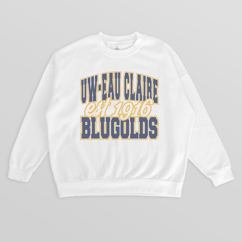 WISCONSIN-EAU CLAIRE BLUGOLDS FADED FORMATION PREMIUM FLEECE DROP SHOULDER CREWNECK PULLOVER