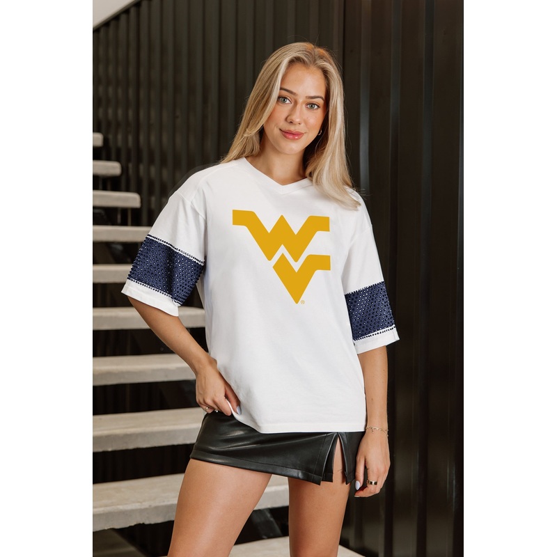 WEST VIRGINIA MOUNTAINEERS DOMINANCE RHINESTONE STRIPE VARSITY TEE