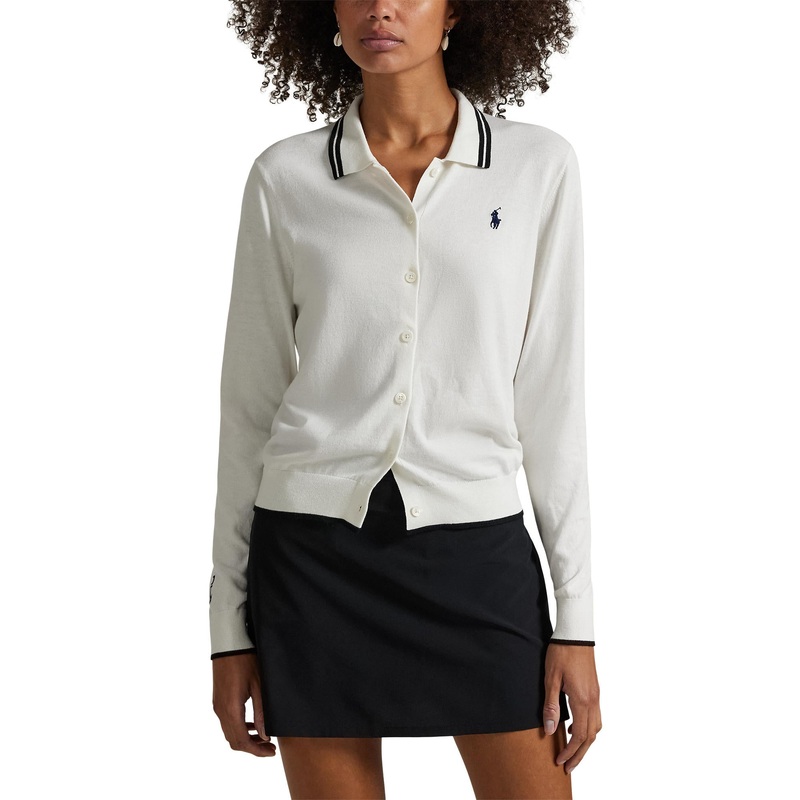 RLX Ralph Lauren Women’s Cotton Blend Knit Cardigan – White Splash/Polo Black