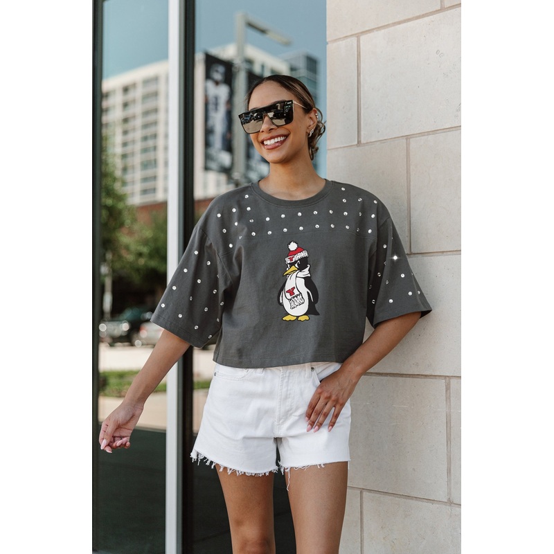 YOUNGSTOWN STATE PENGUINS Making Moves Rhinestone Crop Tee With Yoke