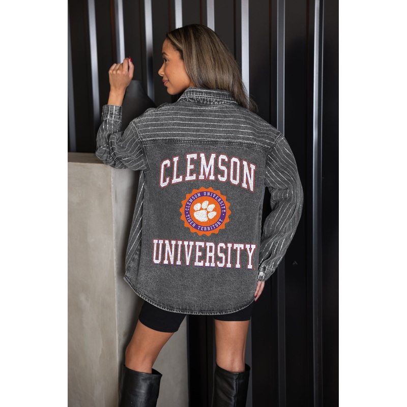 CLEMSON TIGERS STYLE’S THE LIMIT MICRO-RHINESTONE DENIM OVERSHIRT IN BLACK