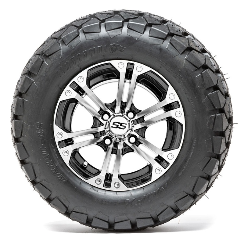 12 GTW Specter Black/Machined Lifted Golf Cart Wheels on 22 Trail Tires – Set of 4 PN# A19-341