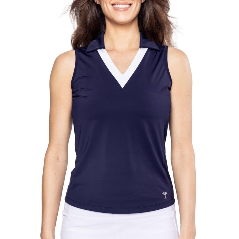 Golftini Women’s Say Yes Sleeveless Golf Polo Shirt – Navy/White