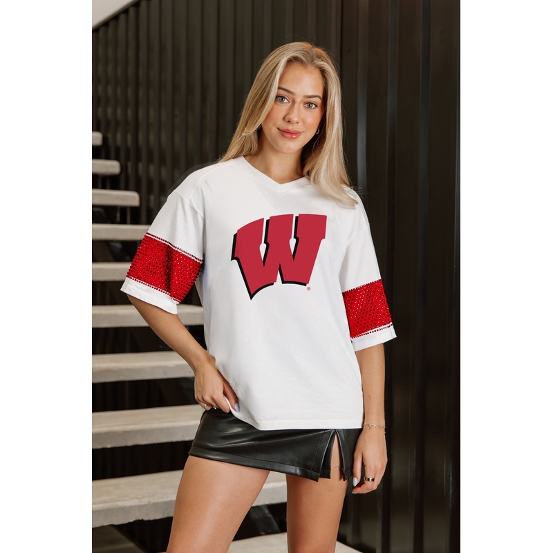 WISCONSIN BADGERS DOMINANCE RHINESTONE STRIPE VARSITY TEE