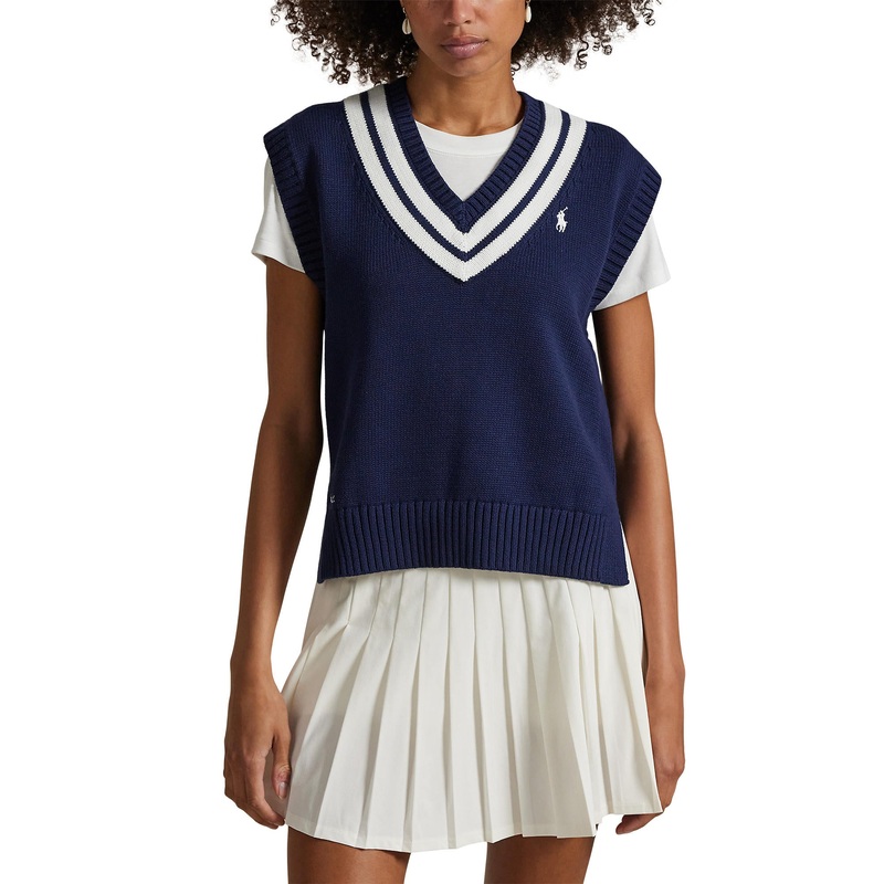 RLX Ralph Lauren Women’s Cotton V Neck Sweater – Refined Navy/Ceramic White