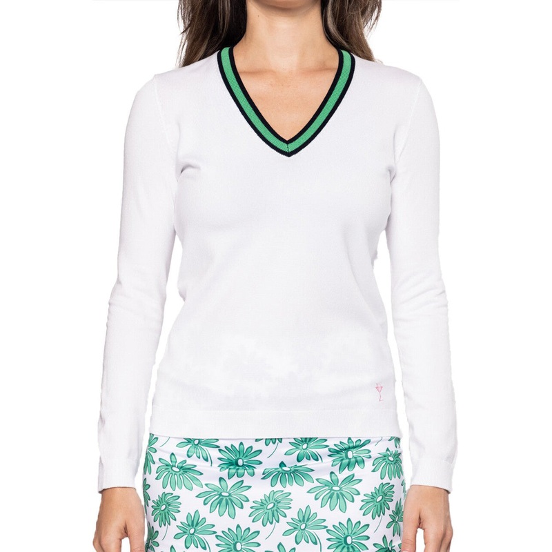 Golftini Women’s Fashion V-Neck Sweater – White/Kelly Green