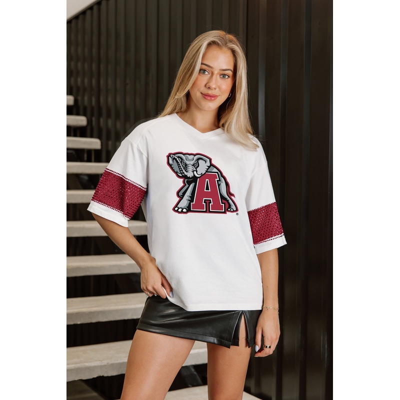 ALABAMA CRIMSON TIDE DOMINANCE RHINESTONE STRIPE VARSITY TEE