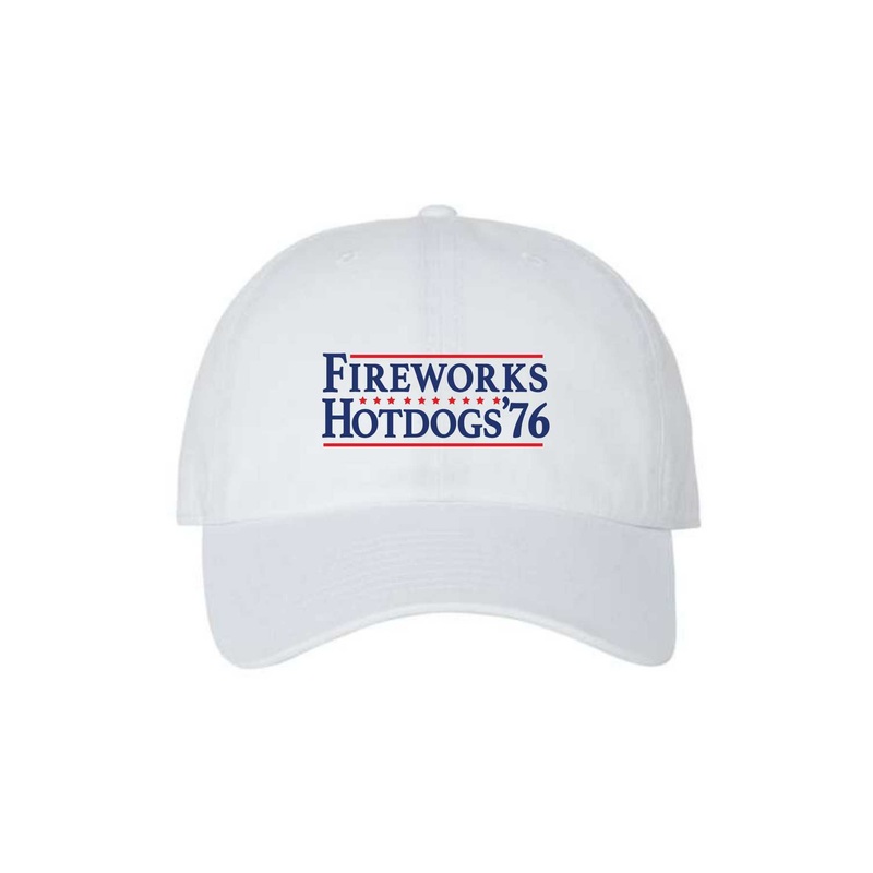 FIREWORKS AND HOTDOGS DAD HAT|GARMENT WASHED TWILL|White