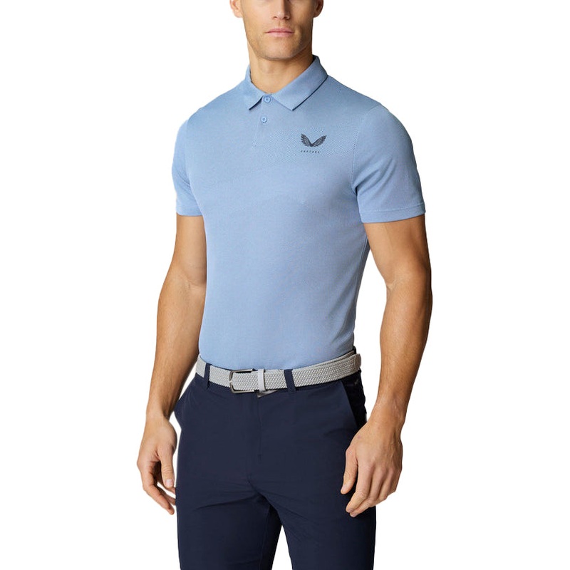 Castore Pinnacle Engineered Knit Polo Golf Shirt – Sky Blue/Midnight Navy