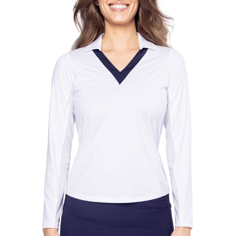Golftini Women’s Say Yes Long Sleeve Golf Polo Shirt – White/Navy