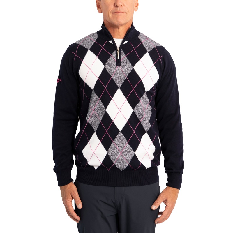 Glenmuir Lauder Quarter Zip Diamond Argyle Cotton Golf Pullover – Navy/ White