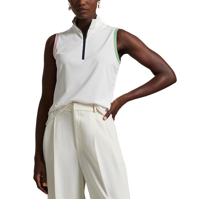 RLX Ralph Lauren Women’s Tour Pique Sleeveless Mock Neck 1/4 Zip Golf Top – White/Garden Pink/Pistachio