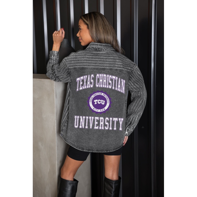 TCU HORNED FROGS STYLE’S THE LIMIT MICRO-RHINESTONE DENIM OVERSHIRT IN BLACK