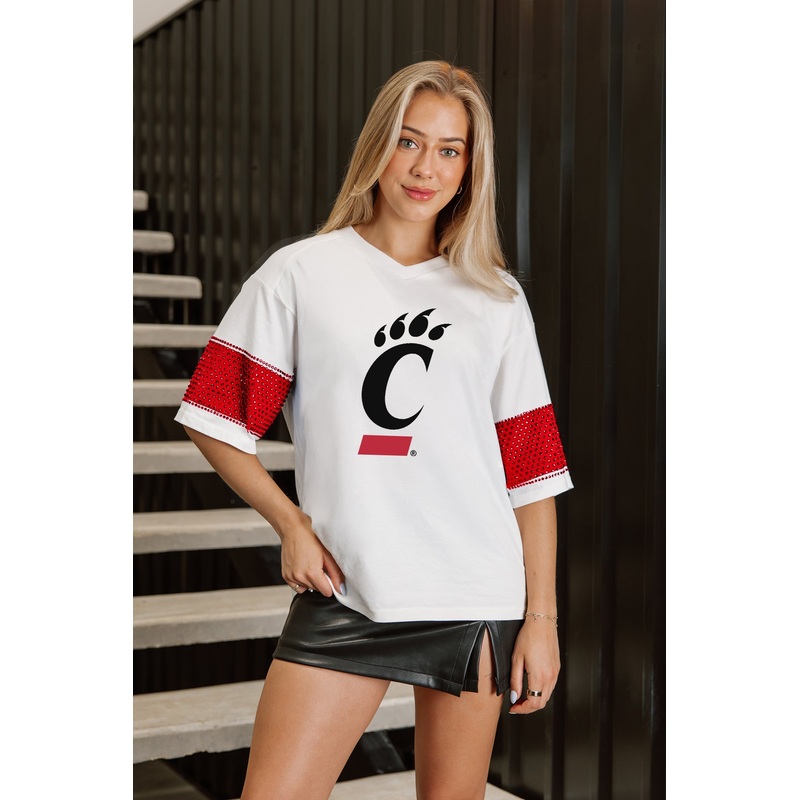 CINCINNATI BEARCATS DOMINANCE RHINESTONE STRIPE VARSITY TEE