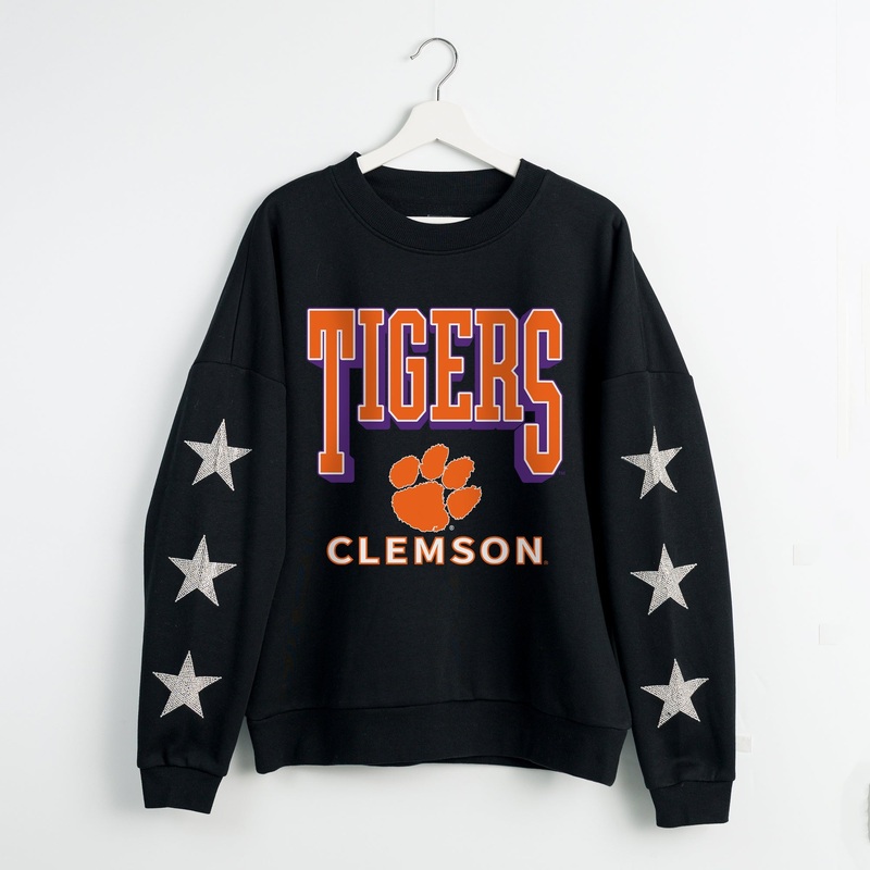 CLEMSON TIGERS PURE VICTORY EMBELLISHED STAR SLEEVE CREWNECK PULLOVER