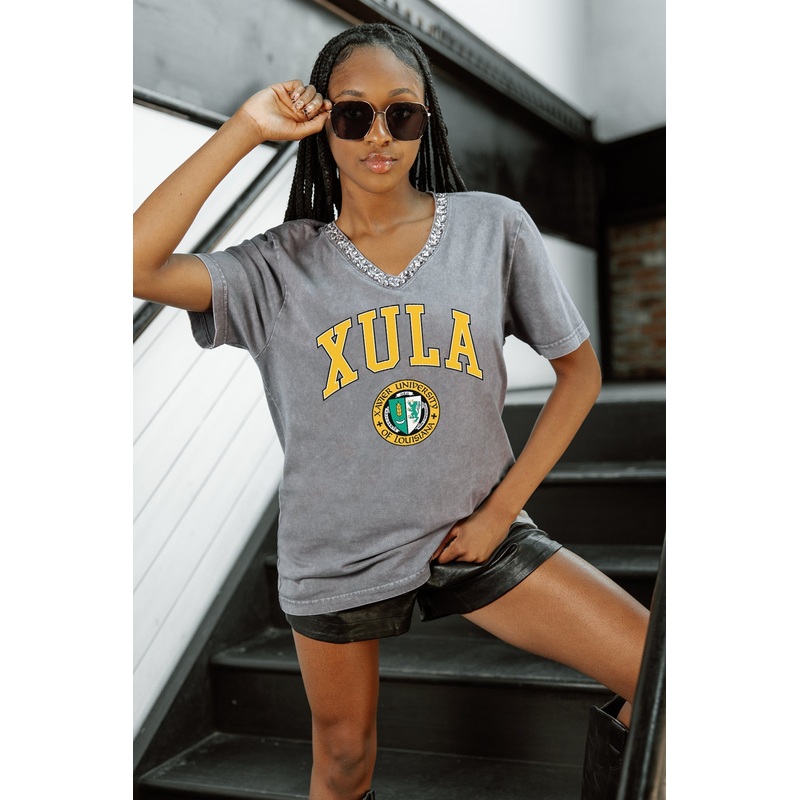 XAVIER UNIVERSITY OF LOUISIANA GOLD ICONIC EDGE RHINESTONE TRIM V-NECK TEE