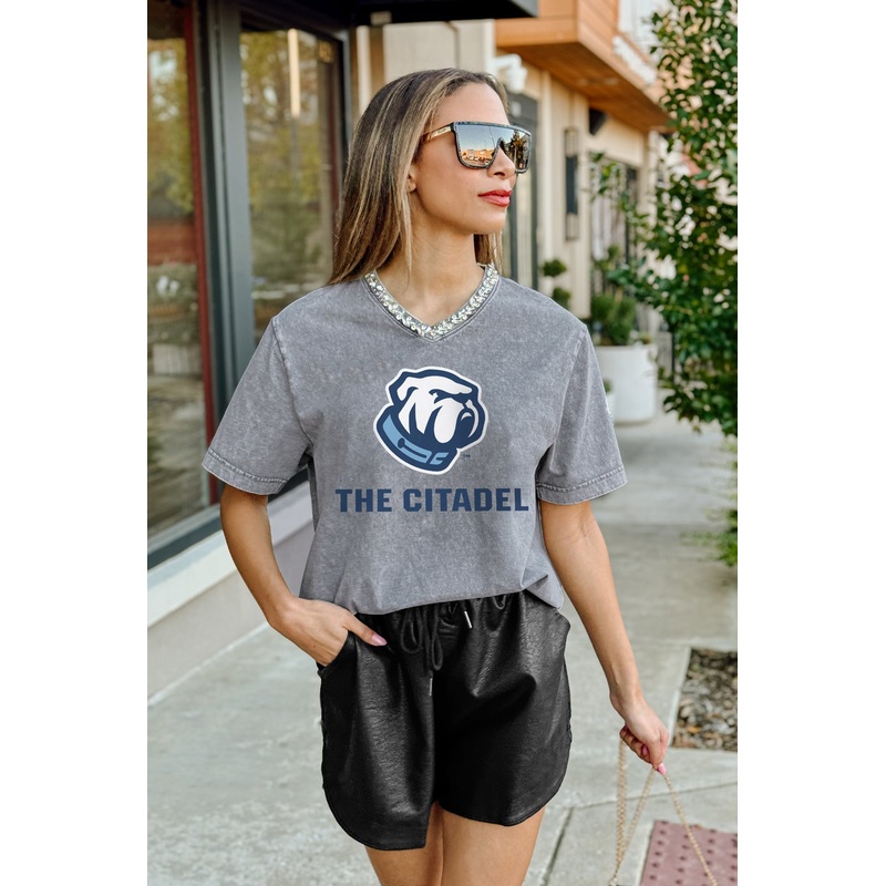 CITADEL BULLDOGS ICONIC EDGE RHINESTONE TRIM V-NECK TEE