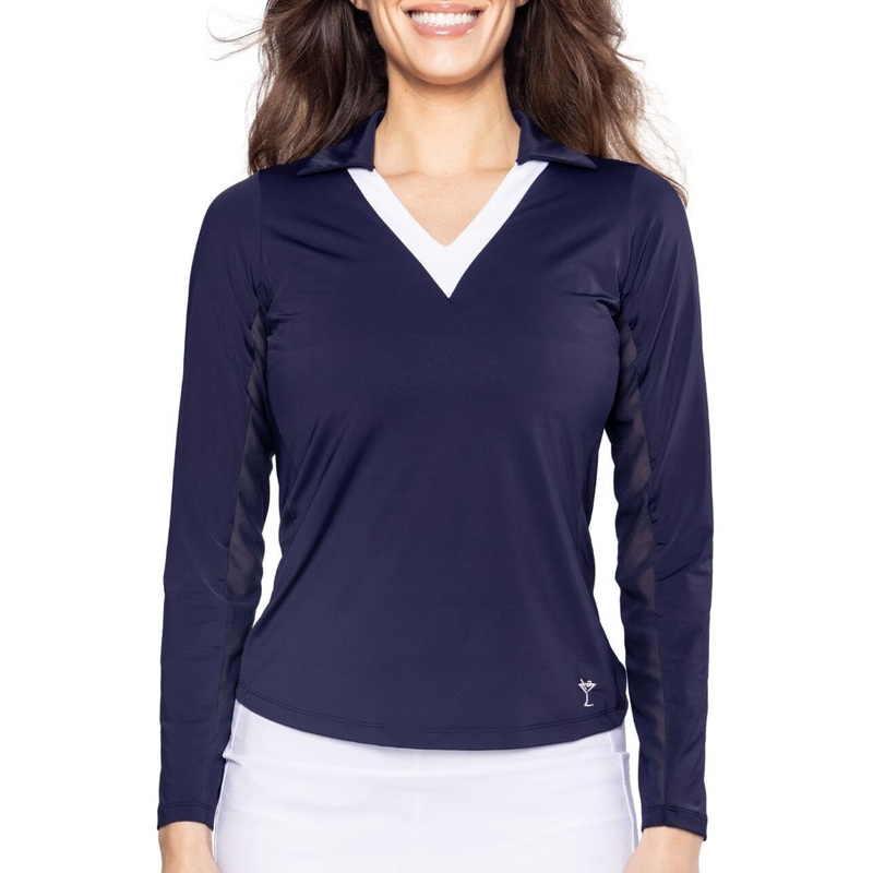 Golftini Women’s Say Yes Long Sleeve Golf Polo Shirt – Navy/White