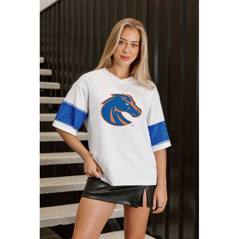 BOISE STATE BRONCOS DOMINANCE RHINESTONE STRIPE VARSITY TEE