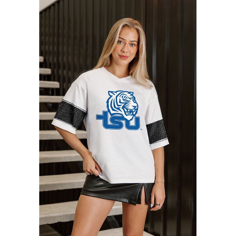 TENNESSEE STATE TIGERS DOMINANCE RHINESTONE STRIPE VARSITY TEE