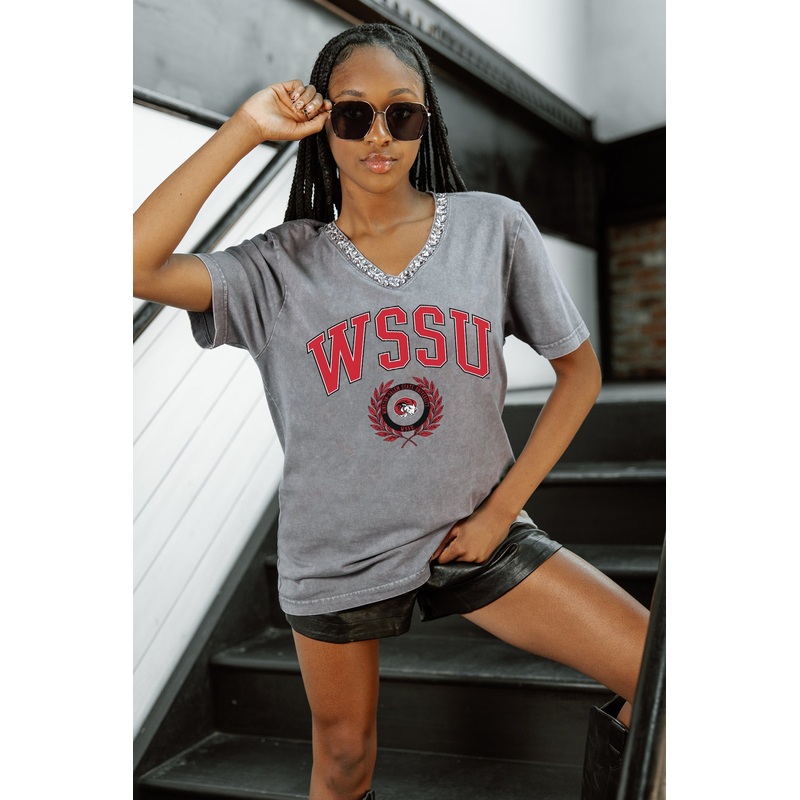 WINSTON-SALEM STATE RAMS ICONIC EDGE RHINESTONE TRIM V-NECK TEE