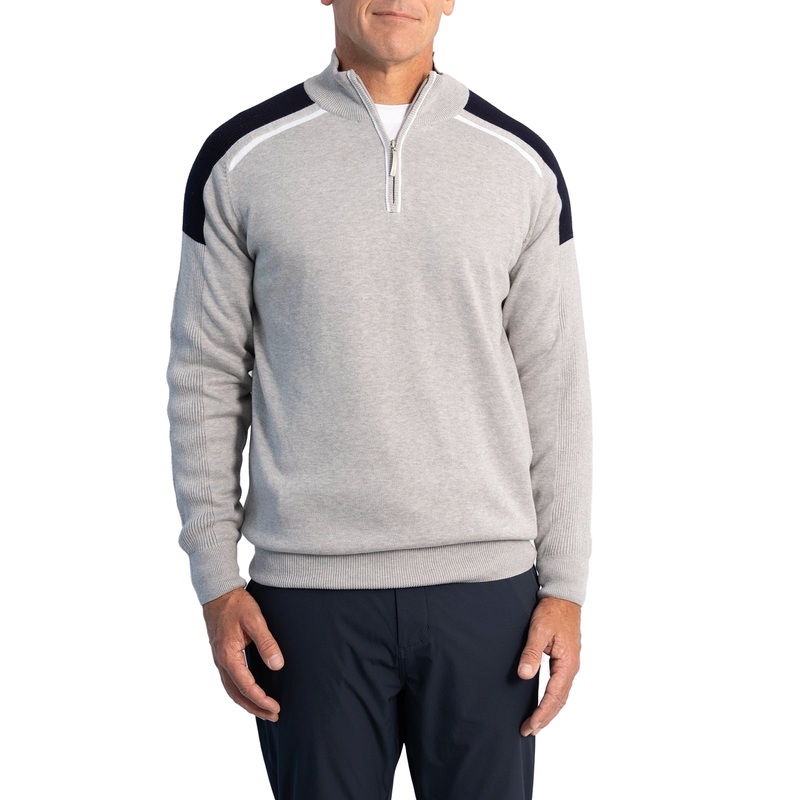 Glenmuir Selkirk Quarter Zip Ribbed Sleeve Cotton Golf Pullover – Light Grey Marl