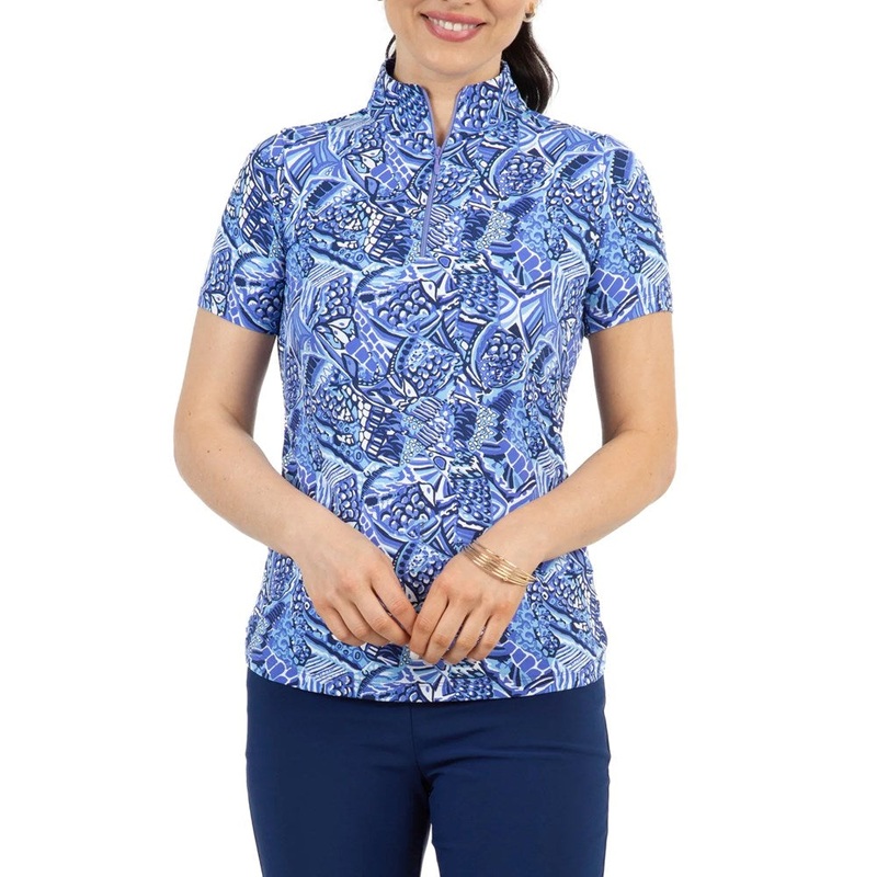 IBKUL Women’s Krista Print Short Sleeve Zip Mock Neck – Plum/ Lavender