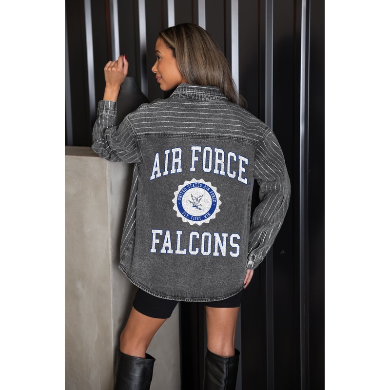 AIR FORCE FALCONS STYLE’S THE LIMIT MICRO-RHINESTONE DENIM OVERSHIRT IN BLACK