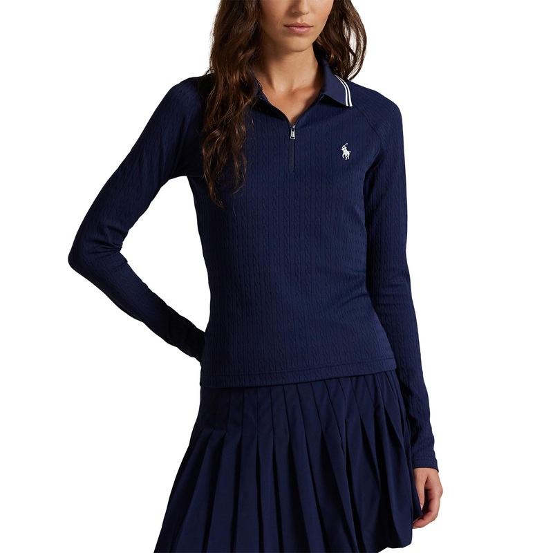 RLX Ralph Lauren Women’s Stretch Active Cable Half Zip Pullover – Refined Navy/Ceramic White Multi