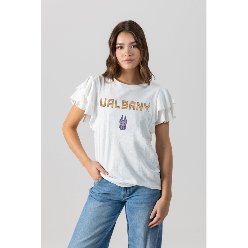 ALBANY GREAT DANES ALL IN TO WIN FLUTTER SLEEVE CREWNECK TOP