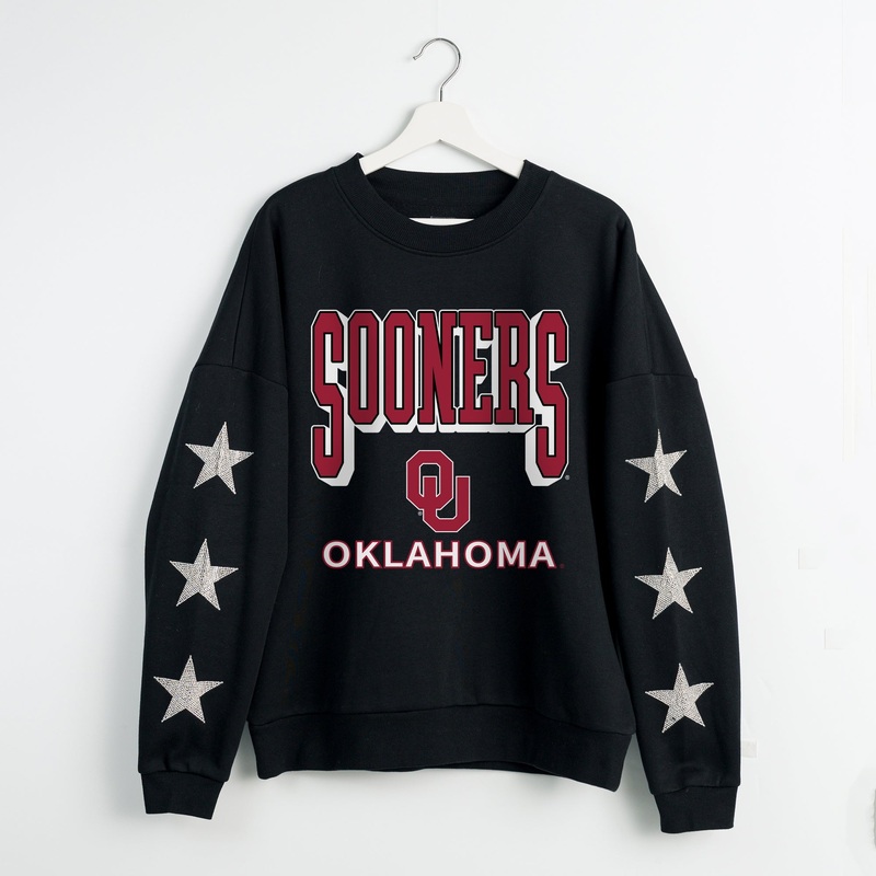 OKLAHOMA SOONERS PURE VICTORY EMBELLISHED STAR SLEEVE CREWNECK PULLOVER