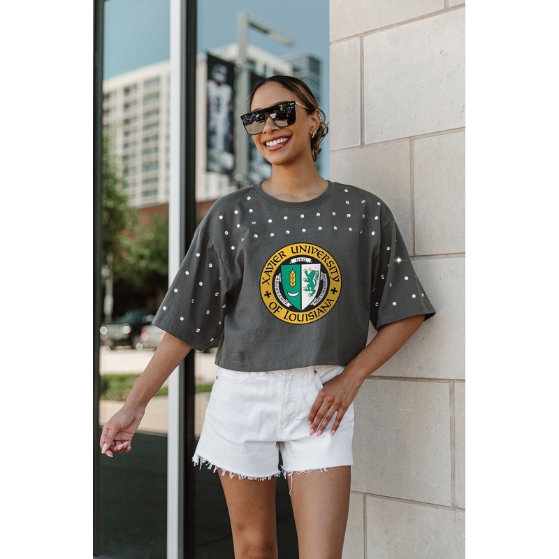 XAVIER UNIVERSITY OF LOUISIANA GOLD RUSH Making Moves Rhinestone Crop Tee With Yoke